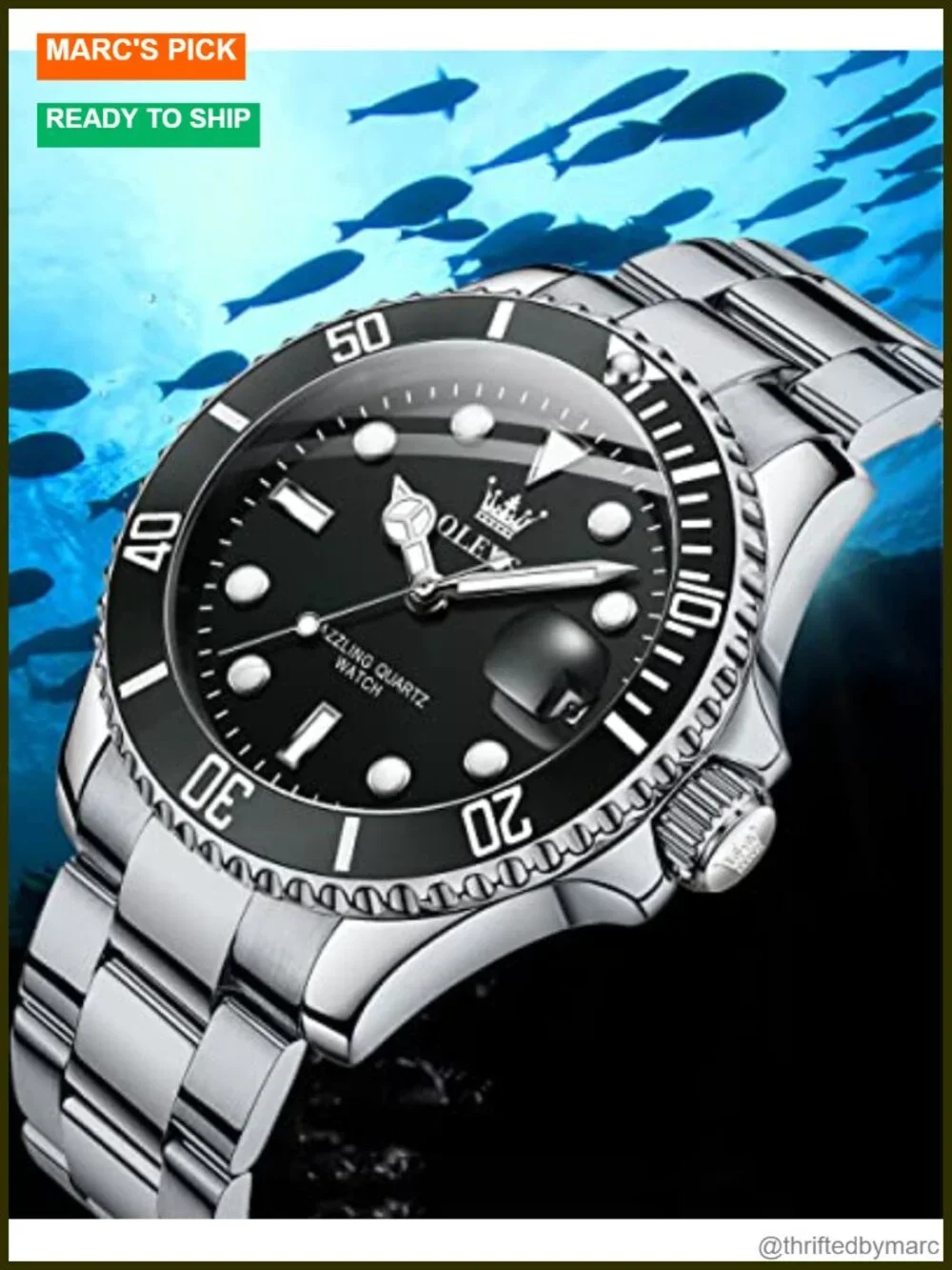 Stainless Steel Analog Watch with Date, Rotatable Bezel, Luminous Dial